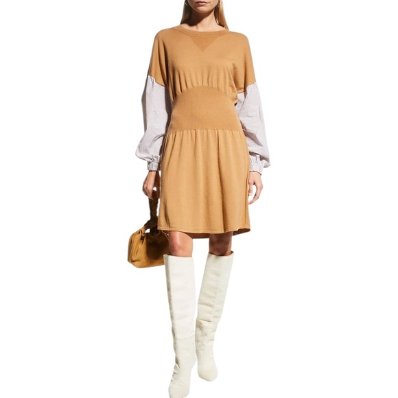 Derek Lam 10 Crosby Sweater Dress Lainey Mixed Media Tan Print Long Sleeve NEW - Picture 2 of 15